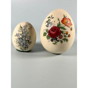 2 Vintage Bisque Sand Filled Porcelain Eggs, Hand Painted